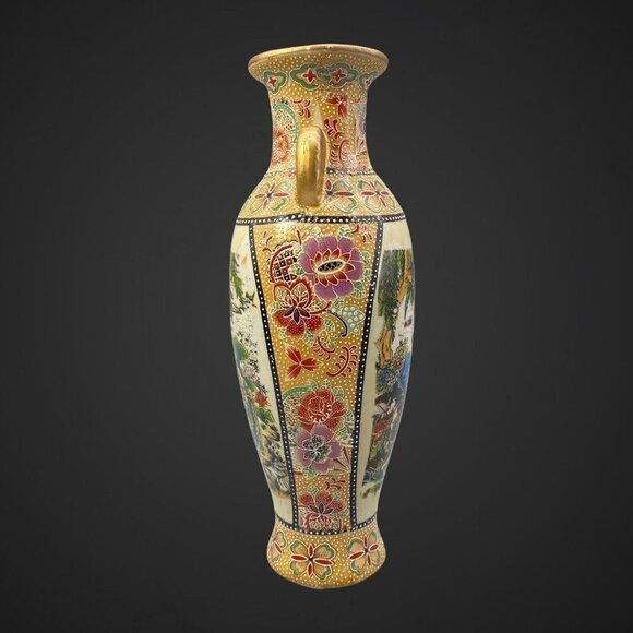 Vintage Oriental Chinese Vase Handled Enameled Art Pottery Vase 8”T 2”W - Picture 2 of 8